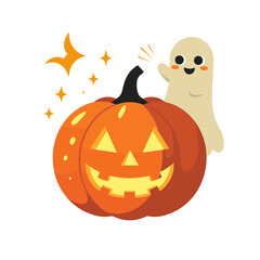 Cheerful ghost celebrating next to a carved pumpkin with a joyful face for Halloween decoration
