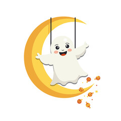 Happy ghost swinging on a crescent moon with candies falling down for Halloween fun
