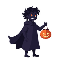 Cheerful child wearing a dark cloak holding a pumpkin basket filled with candies for Halloween
