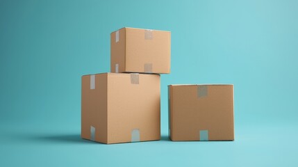 Fototapeta premium Three cardboard boxes arranged on a light blue background, illustrating packaging and shipping concepts