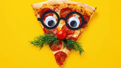 Funny pizza face with vegetable mustache and glasses