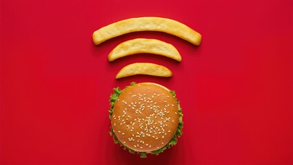 Close-up of a burger composing wifi symbol with fries