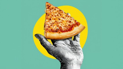 Halftone hand holding a slice of pizza against yellow circle