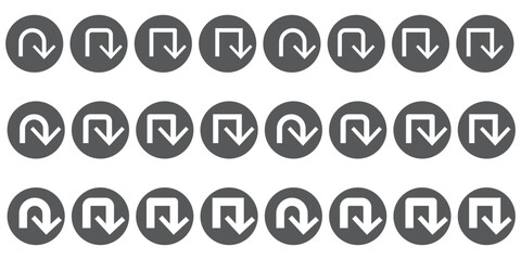 Set of Bold U-Turn and Arrow Icons, Collection of bold black directional arrow icons including U-turns, straight, curved, and loop arrows on white background