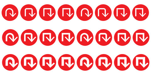 Black direction arrow icon set with straight, curved, U-turn, reload and rotation arrows, circular swirl, dartboard bullseye targets, crosshair sight symbols, silhouette vector graphic