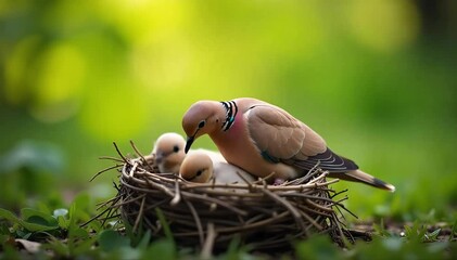 Dove protecting hatchling in nest