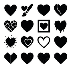 Heart silhouette icon set. containing painted, stitched, broken, framed, splattered, and geometric hearts.