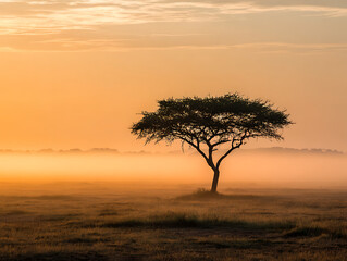 Solitary acacia tree silhouette against a vibrant african sunrise sky
