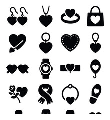 Valentine silhouette icons set. heart, ring, gift, rose, watch, earrings, necklace, love.