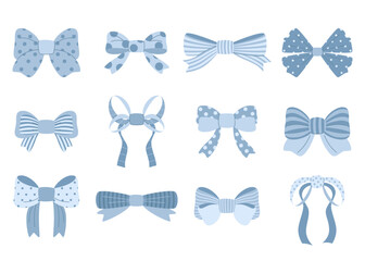 Large set of blue bows with polka dots and stripes. Vector illustration on a white background.