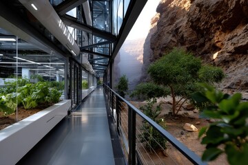 Fototapeta premium A sleek, contemporary greenhouse integrates nature with sustainable practices, featuring lush greenery juxtaposed against majestic rocky cliffs and canyon views.