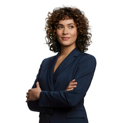 Confident businesswoman with curly hair, arms crossed, looking to the side, conveying professionalism and success.