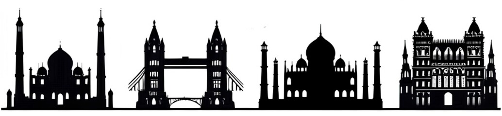 Naklejka premium Global landmarks: classic monument silhouettes stand starkly, isolated against white