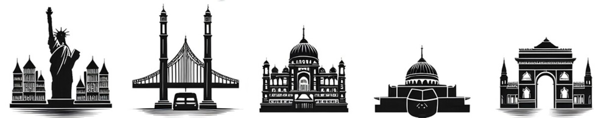 Monochrome silhouette of world monuments, an iconic global journey on white