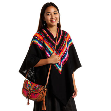 Beautiful Colombian woman in traditional ruana poncho and bag smiling warmly Embrace her culture with this charming image