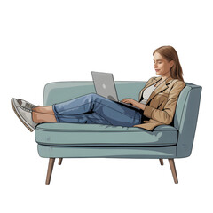 Relaxed professional woman working on laptop while lounging on comfortable sofa, embracing modern work-life balance.