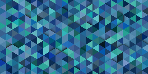 A geometric pattern of triangles in blue-green hues creates a sense of depth and volume. Abstract background for paper packaging, covers and branding.