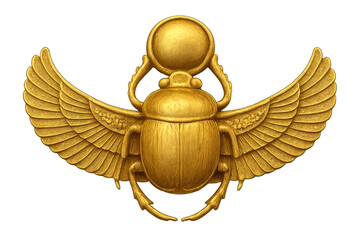 Golden winged scarab beetle holding a sun disk, isolated on transparent background, representing ancient egyptian symbolism