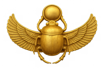 Golden winged scarab beetle holding a sun disk, isolated on transparent background, representing ancient egyptian symbolism