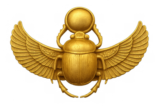 Golden winged scarab beetle holding a sun disk, isolated on transparent background, representing ancient egyptian symbolism