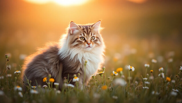 A fluffy cat sitting peacefully in a meadow full of small wildflowers, with a dreamy soft focus background, warm sunset or sunrise light