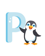 Vector letter P with a cute penguin – alphabet animal card
