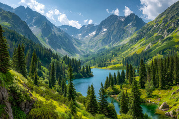 Fototapeta premium Serene mountain lake surrounded by lush forest in a picturesque alpine valley