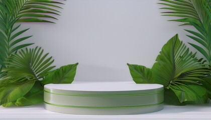 Obraz premium cosmetic display product podium with nature leaves on white background 3d rendering