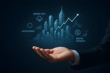 Business Hand Presenting Futuristic Holographic Skyline with Finance Graphs and Smart City Investment Data

