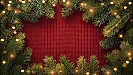 Festive Christmas Background with Pine Branches and Lights on Red Knit