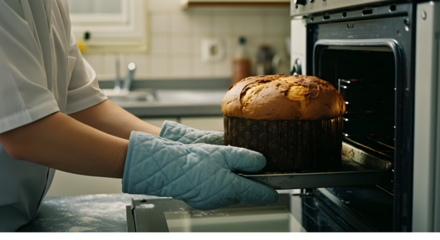 Person taking homemade panettone out of the oven, wearing oven mitts, with a floured countertop in the background