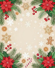 Obraz premium Festive Christmas Background with Poinsettias Gingerbread and Snowflakes for Holiday Designs