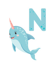 
Vector letter N with a cute narwhal – kids alphabet flashcard
