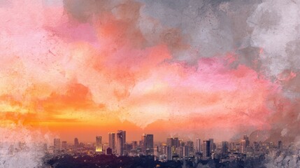 Obraz premium Modern city skyline photo with artistic watercolor brush strokes overlay for creative urban design concepts