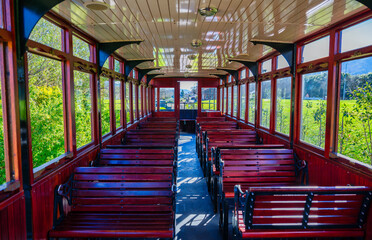 View of Franschhoek valley from inside a vintage train, Cape Winelands, South Africa