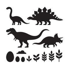 A collection of dinosaur silhouettes with eggs and plants isolated on white background