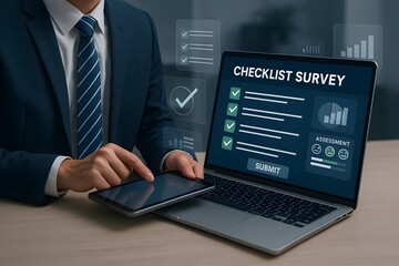 Businessman Completing Digital Checklist for Performance Monitoring and Strategic Business Evaluation

