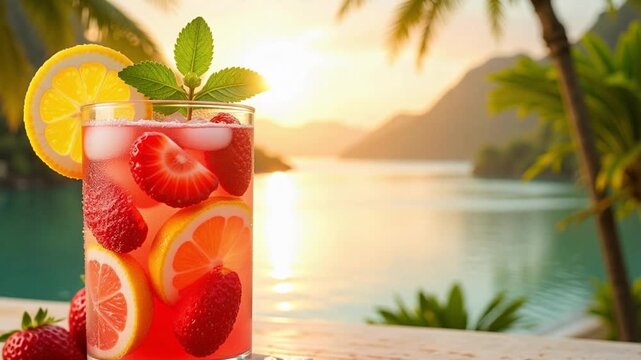 Refreshing strawberry lemonade with lemon slices and ice cubes on a wooden table. A vibrant glass of strawberry lemonade garnished with fresh lemon and strawberry slices surrounded by whole strawberry