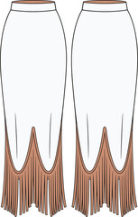 Fringe skirt fashion sketch front and back views, wave-hem detail, stylish silhouette, sewing pattern layout, cad drawing flat vector illustration