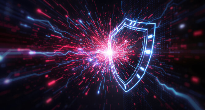 abstract representation of malware attack being blocked by firewall, glowing data pulses crashing into shield, red and blue lighting