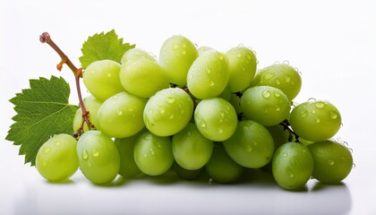 a bunch of fresh green grapes isolated on a white background with water droplets visible clearly