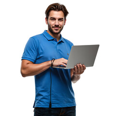 Professional IT technician in a blue polo shirt working on a laptop with cables on a clean white background