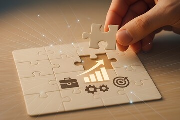 Close-Up of Hand Placing Final Jigsaw Puzzle Piece with Upward Arrow and Business Icons Symbolizing Strategic Success and Growth

