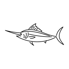 Linear vector drawing of a swordfish, stylized and simple, ideal for logos or stickers.