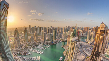 Dubai Marina skyscrapers and jumeirah lake towers view from the top aerial timelapse in the United...