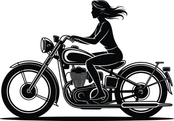 Silhouette of a woman riding a classic motorcycle, showcasing freedom and vintage style, perfect for transportation, adventure, or retro themed designs with its bold black and white contrast.