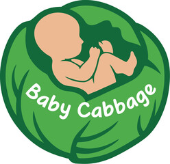 A charming logo features a baby nestled inside a vibrant green cabbage, playfully labeled "Baby Cabbage," creating a whimsical and endearing design suitable for baby products.
