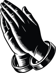 Praying hands illustration in black and white, showcasing faith, spirituality, and hope, ideal for religious themes, graphic design projects, and symbolic representations of prayer.