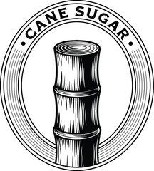 Engraved cane sugar illustration showcases a detailed stalk within a circular frame, perfect for branding, product design, or agricultural themes with a vintage aesthetic.
