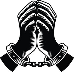 A striking graphic depicts two hands clasped in prayer, bound by shackles, rendered in a bold black and white vector illustration, symbolizing struggle, hope, and resilience.